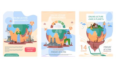 Set of illustrations about online lecture about planet saving concept poster. People on Earth