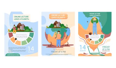 Set of illustrations about nature and environment on Earth. Online lecture about planet saving