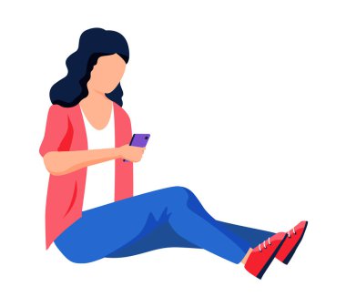 Girl sitting with smarthone in her hands looks at screen, watching video or movie on mobile phone