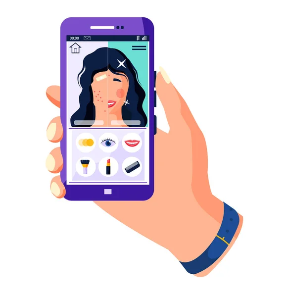 Filtry urody dla selfie ekranu interfejs ramki zdjęcie w aplikacji social media z dziewczyną robi makijaż — Wektor stockowy