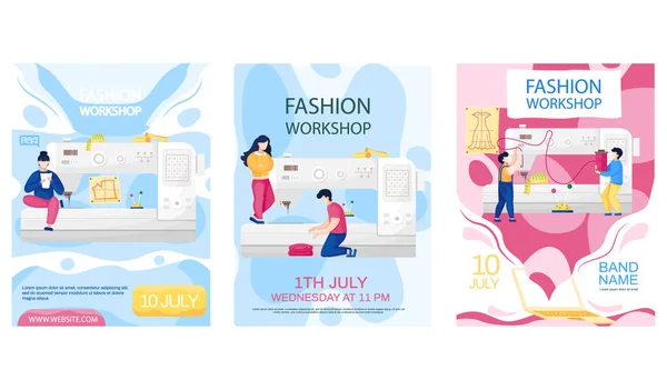 Set of illustrations with people making clothes with sewing machine. Fashion workshop concept poster — Archivo Imágenes Vectoriales
