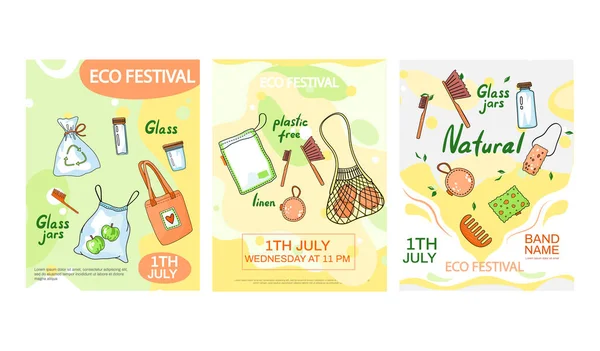 Set of illustrations about eco festival concept poster. Zero waste, using plastic free materials — Διανυσματικό Αρχείο