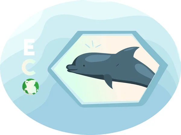 Πράσινο οικοσύστημα του πλανήτη μας. Τεράστιο δελφίνι πηδάει. Γύρος με κατοίκους θάλασσας — Διανυσματικό Αρχείο