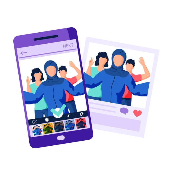 Filtry do selfie screen interface ramka fotograficzna w aplikacji social media z portretem ludzi — Wektor stockowy