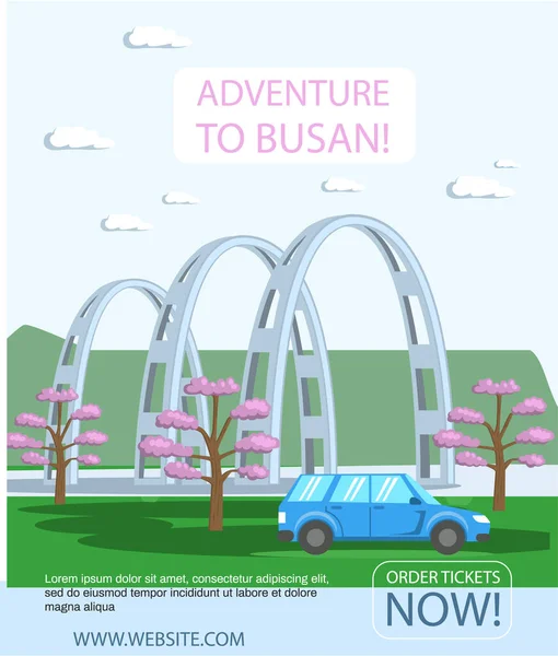 Exciting vacation in major port city Busan tourist travel promotion poster with cityscape summertime — Stok Vektör