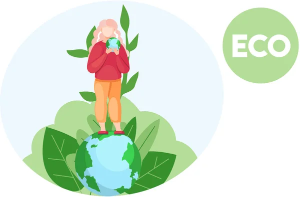 Girl standing on planet with small world globe in her hands. Woman thinking about environment — Vector de stock