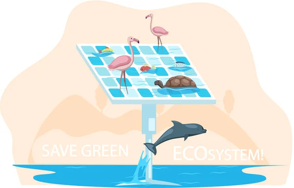 Solar panel with different sea creatures. Creation of eco friendly energy. Save ecosystem concept — 스톡 벡터