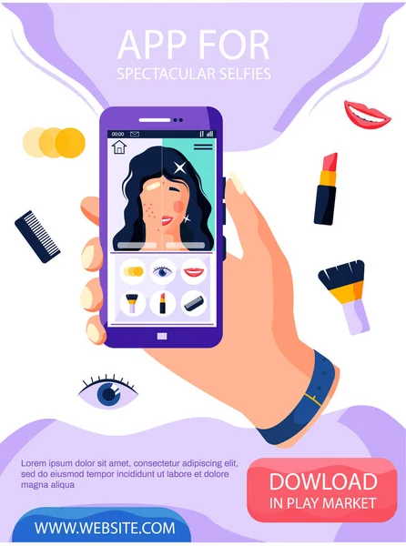 App for spectacular selfies concept poster. Woman uses application for adding filters to photos — Vettoriale Stock