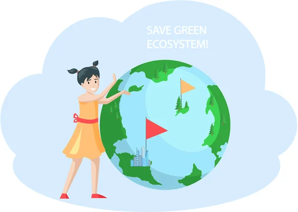 Girl thinking about environment. Female child points to globe. Save green ecosystem on Earth — 스톡 벡터