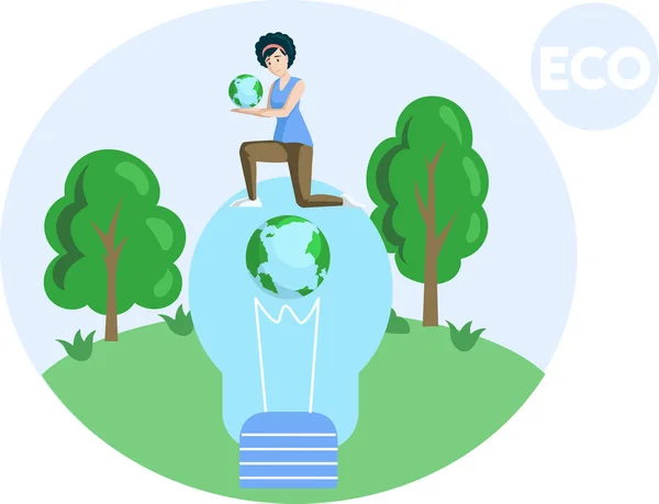 Girl standing on light bulb with small world globe in her hands. Production of green electricity — Stockvector