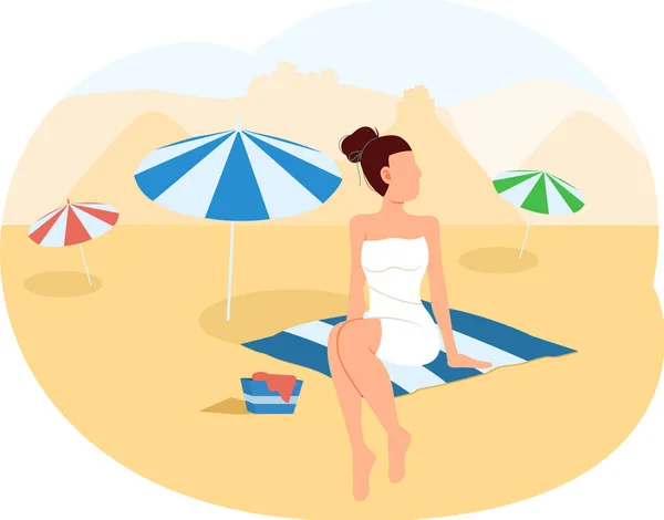 Summer tourism in city in South Korea. Female character rests and spends time on sandy beach — Vetor de Stock