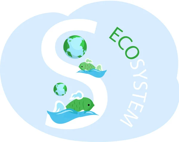 Aquatic ecosystem animals. Fishes swim along outline of letter s. Eco friendly, nature conservation — 스톡 벡터