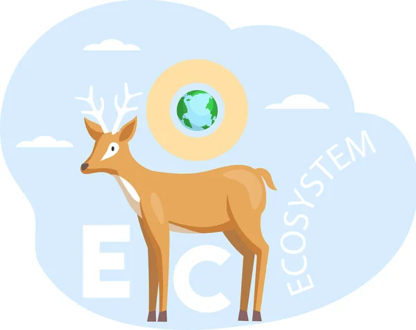 Wild animal standing near lettering ecosystem. Deer on abstract background with planet Earth — 스톡 벡터