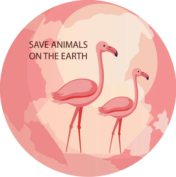 Save animals on Earth, environmental protection concept. Two flamingos with planet on background — 스톡 벡터