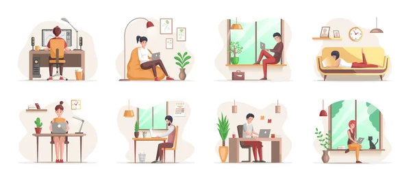 Travailler à la maison, espace de coworking. Les pigistes travaillent dans des conditions confortables. Personnes à la maison en quarantaine — Image vectorielle