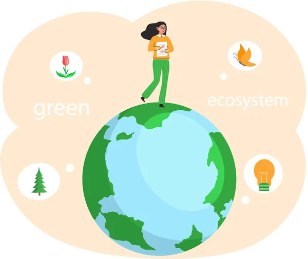 Green ecosystem on Earth. Woman thinking about environment and caring for nature on planet — 스톡 벡터