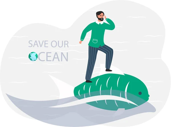 Guy standing on large fish and looks to future. Save our ocean. Man thinking about environment — 스톡 벡터