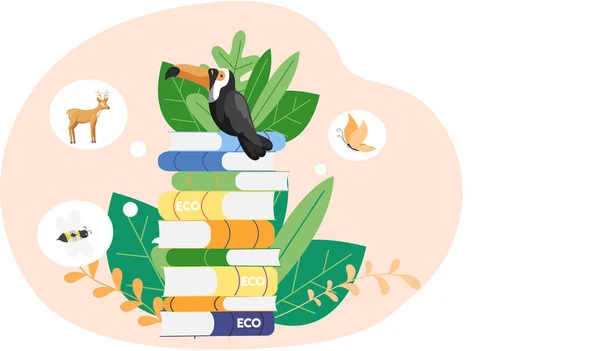 Uccello selvatico circondato da illustrazioni di altri animali. Toucan è in piedi su mucchio di libri — Vettoriale Stock