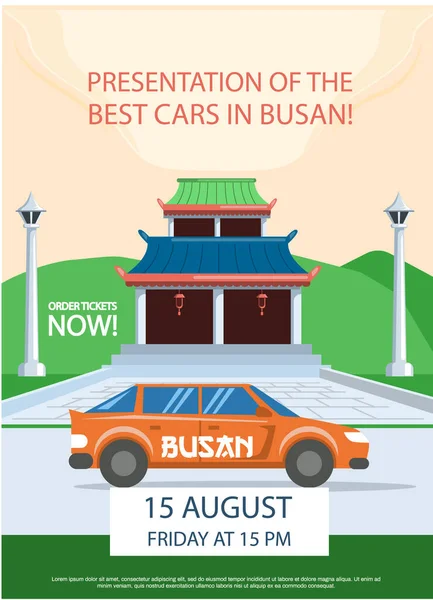 Design de modelo de panfleto de publicidade de carro. Apresentação de negócios de melhores carros em Busan bandeira colorida — Vetor de Stock