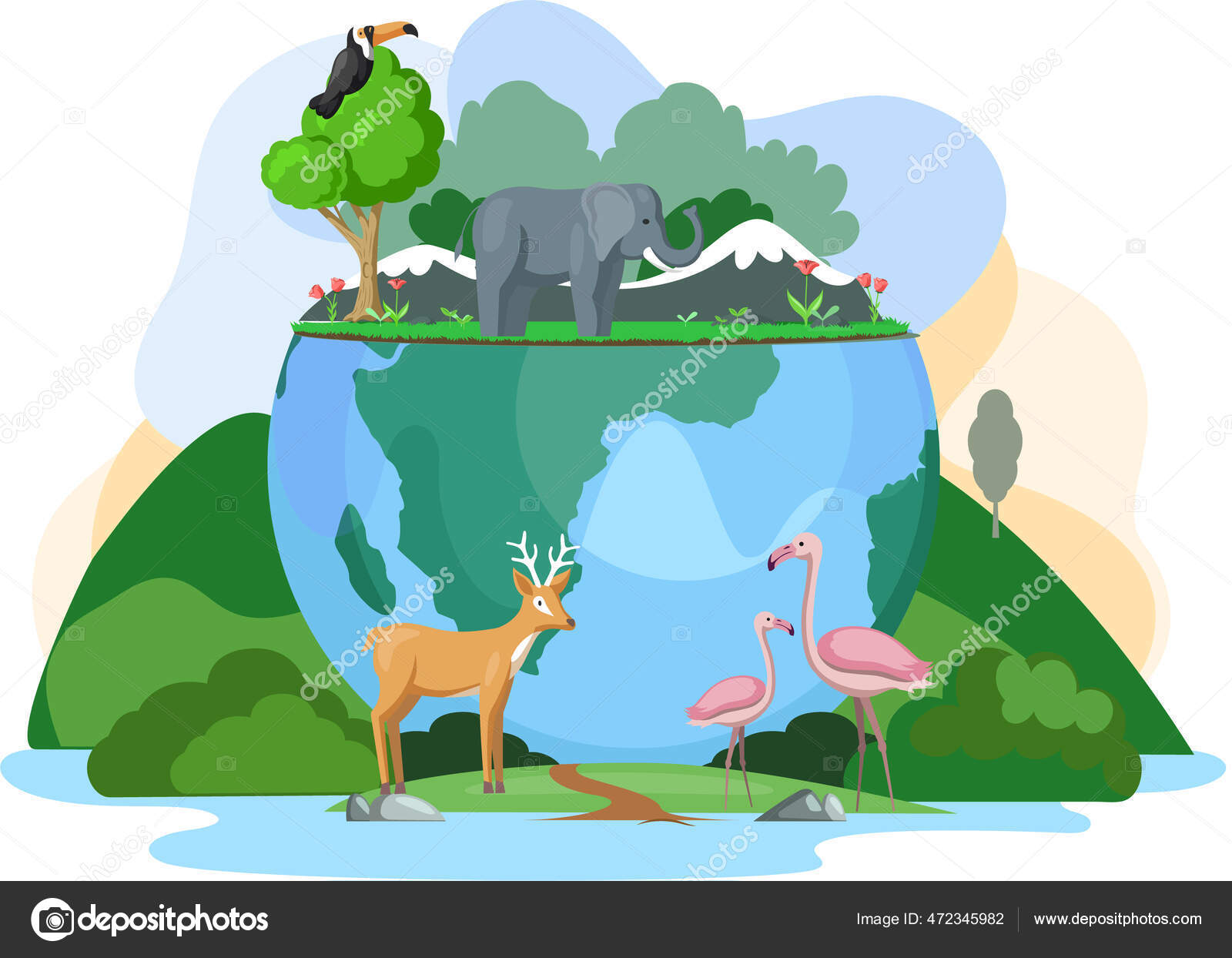 Grüne Ökosysteme der Erde. Elefant, Hirsch, Tukan und Flamingo auf