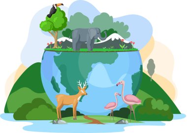 Dünya 'nın yeşil ekosistemleri. Fil, geyik, tukan ve flamingo gezegende. Dünya Hayvanlar Günü afişi