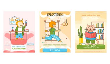 Çocuklar için hayvan ilkokulu. Sınıfta öğrenim gören öğrencilerle ilgili resimler.