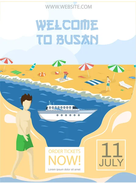 Bem-vindo ao Poster de promoção de viagens turísticas Busan com praia ensolarada e passeio marítimo, turismo de verão — Vetor de Stock
