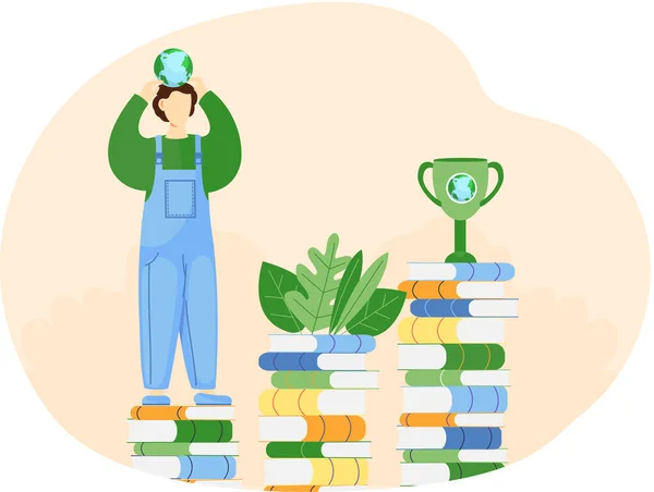 Guy standing on stack of books with small globe in his hands. Man taking care of environment — Stock Vector