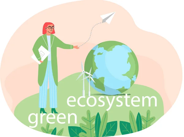 A rapariga de óculos perto do planeta está a lançar um avião de papel. Ecossistema verde na Terra —  Vetores de Stock