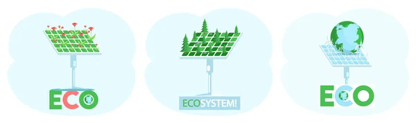 Panneau solaire avec différents conifères. Production d'électricité sans nuire à l'environnement — Image vectorielle