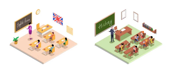 Educação escolar isométrica com professor e aluno na aula. Processo de aprendizagem em sala de aula —  Vetores de Stock