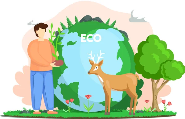 Člověk drží výhonek, aby ji zasadil, a dívá se na jelena. Flóra, fauna a ekosystémy planety Země — Stockový vektor