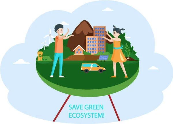 친환경적 이고 친환경적 이죠. 낭비하지 말고, 녹색을 생각 해 보 세요. 지구를 구하 세요. 녹색 생태 도시 — 스톡 벡터