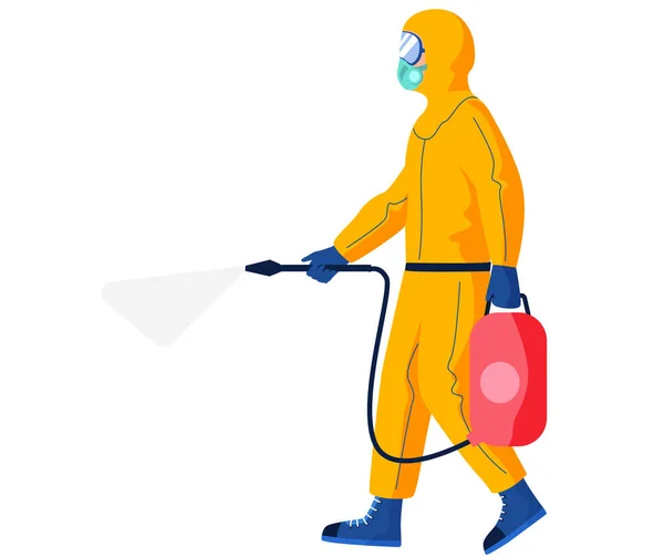 Character in protective outfit isolated on white background. Man sprays disinfectant liquid — Stock Vector