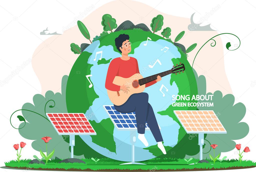 Man is playing guitar sitting on solar panel. Guy singing songs about green ecosystem of planet
