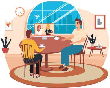 Bilgisayarla görüntülü sohbet yoluyla iletişim kuran arkadaşlarla çevrimiçi parti, çevrimiçi video konferansı