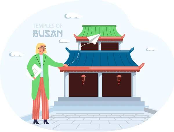 Turista femenina está al lado del templo de madera construcción tradicional de la cultura asiática en Busan — Vector de stock