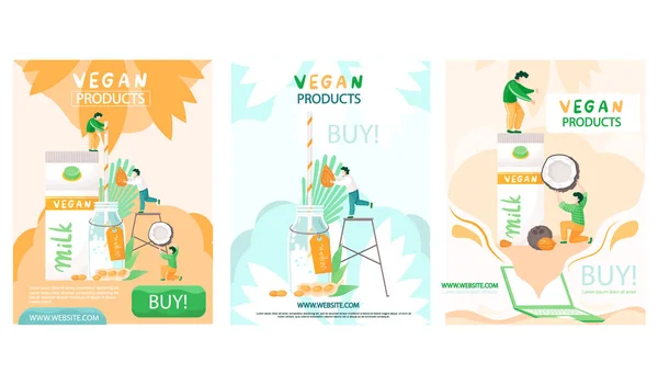 Bitki bazlı süt üreten insanlarla ilgili çizimler. Vegan ürünleri alışveriş sitesi — Stok Vektör