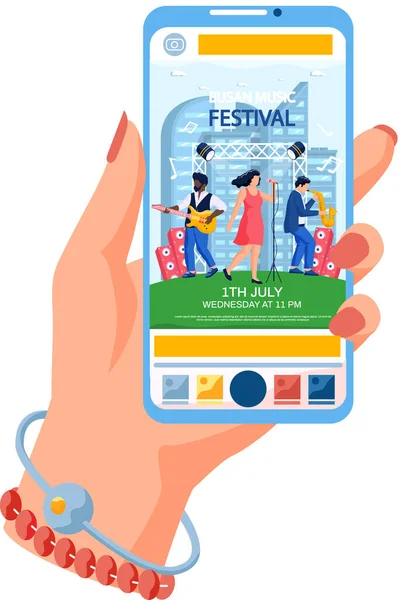 Concert en plein air dans le festival de musique d'été en plein air dans la ville sud-coréenne Busan sur écran de téléphone mobile — Image vectorielle