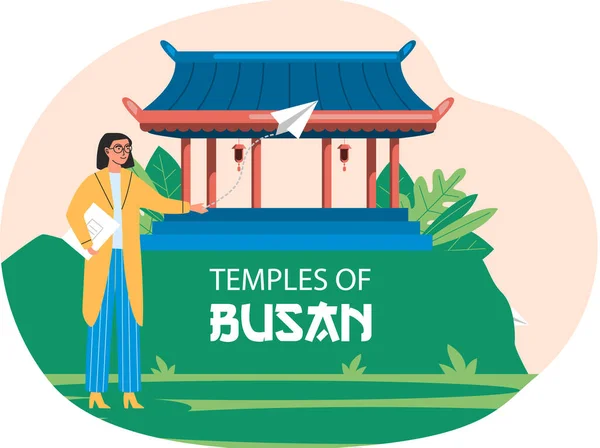Женщина-туристка стоит рядом с деревянным храмом традиционного строительства азиатской культуры в Пусане — стоковый вектор