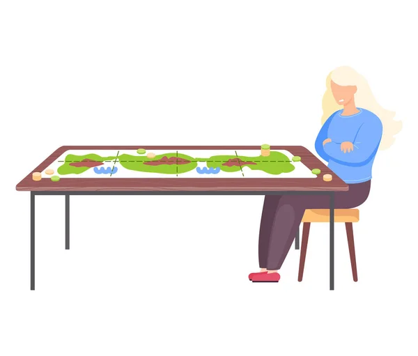 Dziewczyna siedzi na krześle obok stołu z kolorowych gier planszowych i monet. Kobieta ma ciekawe hobby. — Wektor stockowy