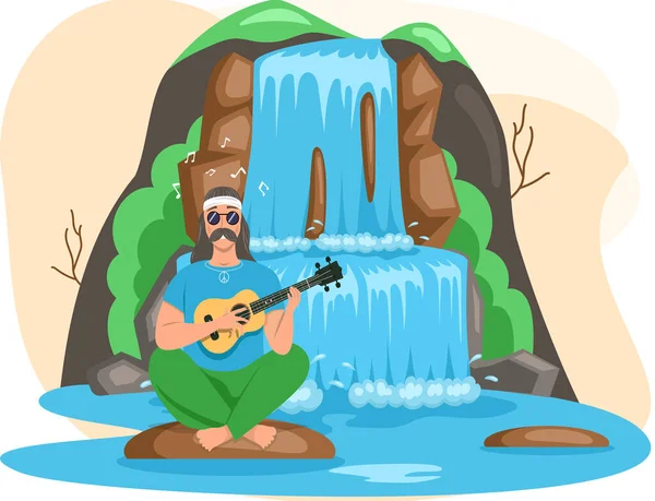 Man sitting on big stone playing guitar next to rock and waterfall, resting on nature landscape — Stock Vector