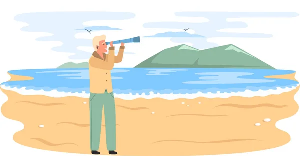 Человек путешественник со шпионскими стеклами стоит на песчаном пляже и смотрит на горы в море во время путешествия — стоковый вектор