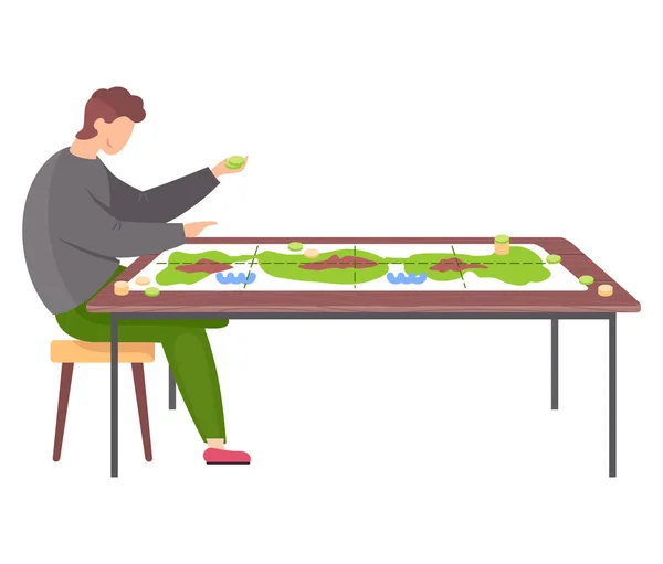 Man zit op stoel naast tafel met gekleurde bordspel met groene kaart, chips en munten — Stockvector