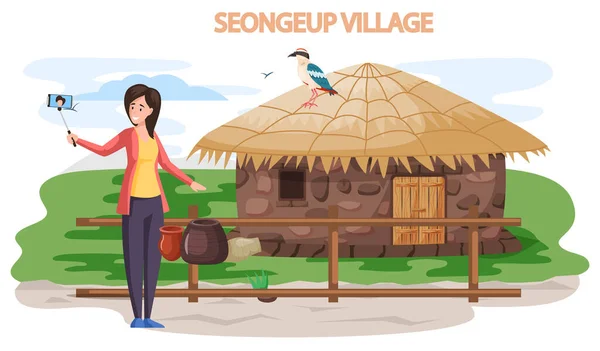 Seongeup village famous landmark of Jeju Island in south Korea. Thatched house, traditional hut — Stock Vector