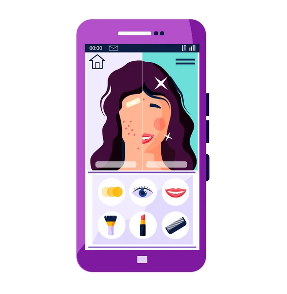 Filtry urody dla selfie ekranu interfejs ramki zdjęcie w aplikacji social media z dziewczyną robi makijaż — Wektor stockowy
