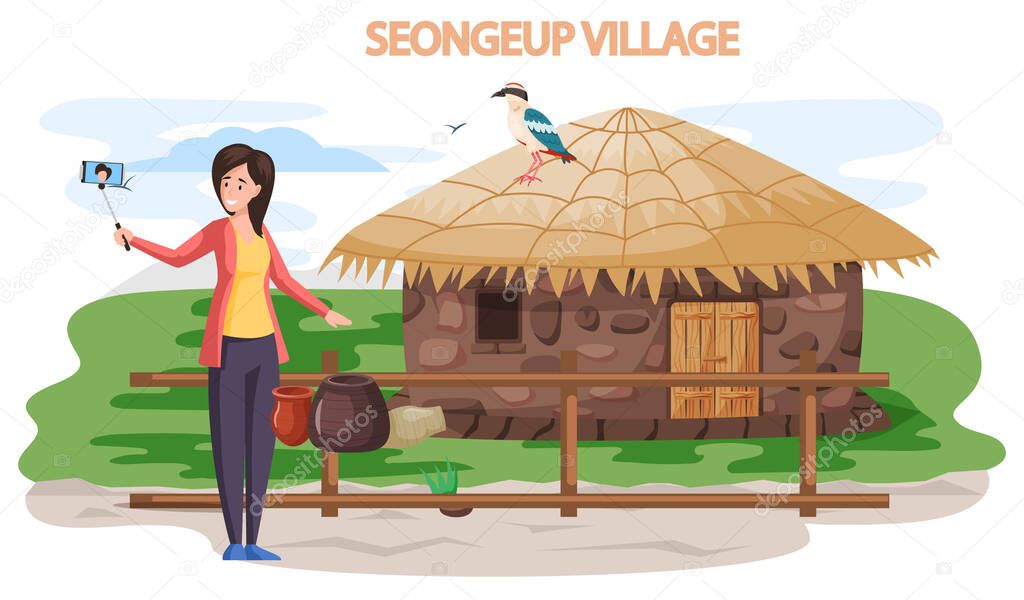 Seongeup village famous landmark of Jeju Island in south Korea. Thatched house, traditional hut