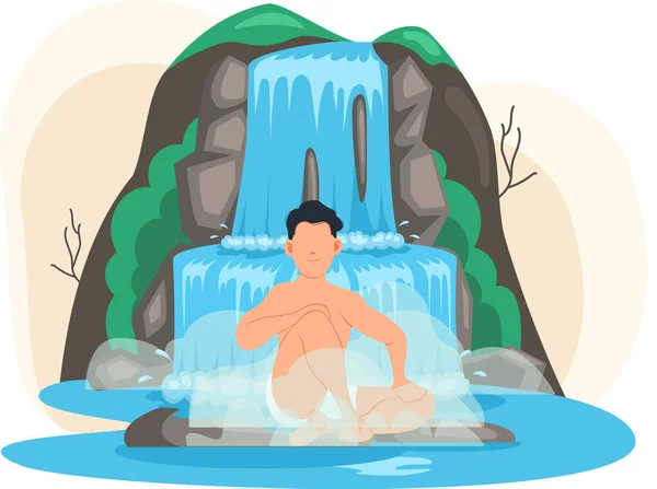 Człowiek siedzi w jeziorze obok skały i wodospadu. Czysta natura koncepcja wody spada z góry — Wektor stockowy