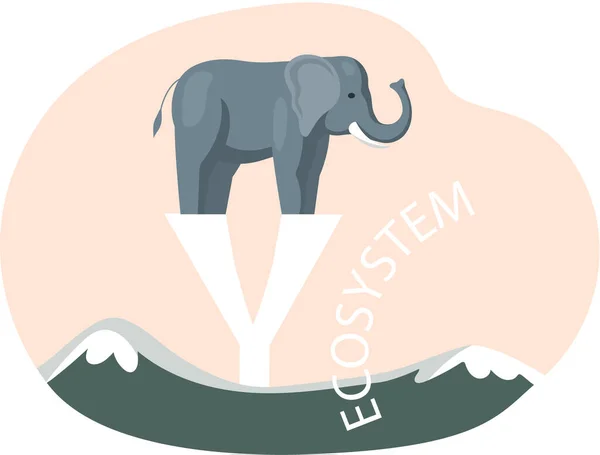 Elephant stands on letter y on abstract background. Save green ecosystem of planet concept — Stock Vector