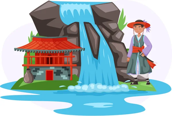 Temple asiatique dans le style traditionnel avec l'homme vêtu de vêtements nationaux debout à côté de la cascade — Image vectorielle